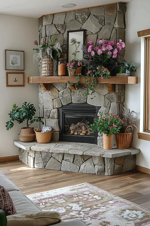 a stone fireplace with potted plants on the mantle