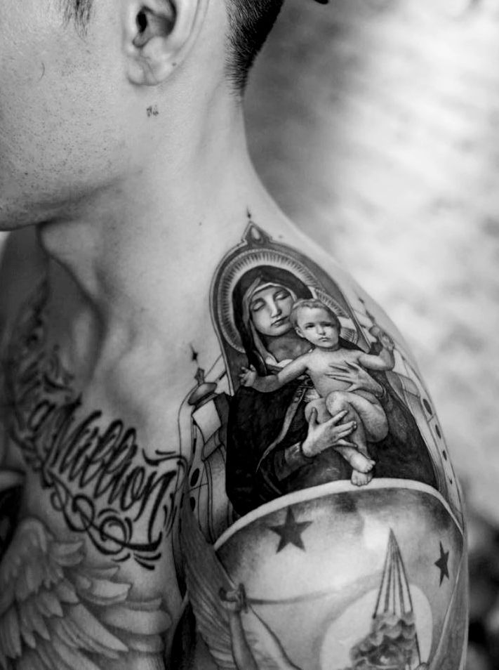 Watercolor Tattoo Ideas, Catholic Tattoos, Interesting Tattoos, Gang Tattoos, Mary Tattoo, Gangsta Tattoos, Men Tattoos Arm Sleeve, Forearm Sleeve Tattoos, Religious Tattoo