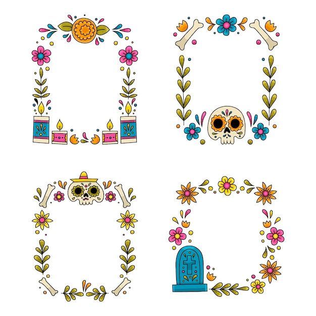 four different frames with skulls and flowers