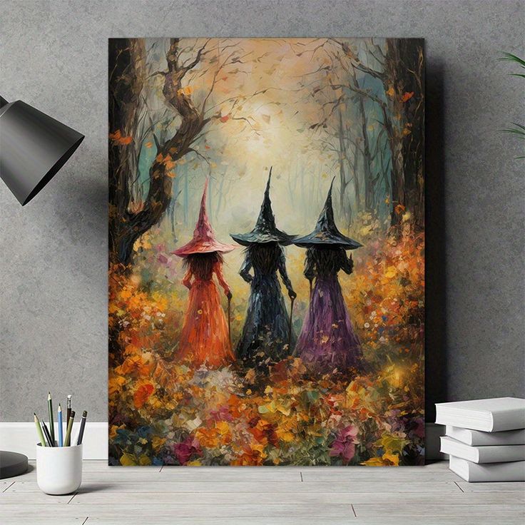 two witches walking in the woods with their heads covered by umbrellas, painting on canvas