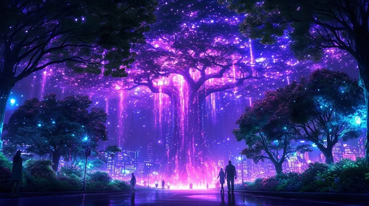 two people standing in the middle of a forest with purple and blue lights on it