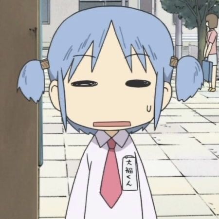 an anime character with blue hair wearing a red tie and white shirt on the street