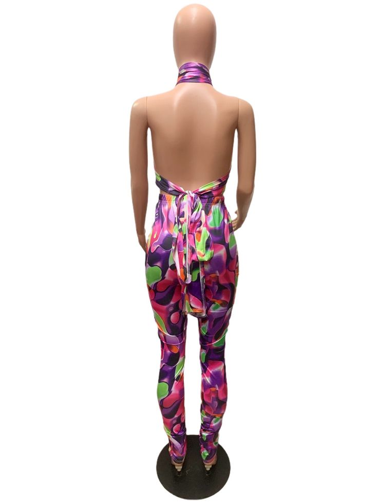 Sexy Women Summer Clothing Printed Halter Backless Crop Top Pants Party Clubwear Two Piece Set Fitted Halter Neck Jumpsuits And Rompers For Party Season, Fitted Halter Neck Jumpsuit For Party Season, Stretch High Waist Strapless Jumpsuit For Party, Stretch Halter Neck Jumpsuit For Party, Fitted Strapless Jumpsuit For Party, Fitted Pants For Summer Party, Multicolor Halter Neck Jumpsuits And Rompers For Party, Spring Party Jumpsuits And Rompers With Stretch, Stretch Jumpsuits And Rompers For Spring Party