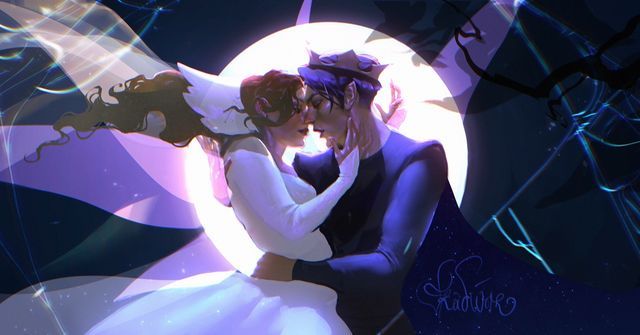 two people are kissing in front of a full moon