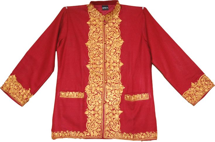 Warm Embroidered Red Coat for WinterElegant and warm woolen jackets for women with Kashmiri embroidery. Soft and luxurious Kashmir coats are a legend in themselves - famous and adored for their warmth and intricate weaves and patterns. On this piece of art the dominant motif is floral with some scattered petals and leaves separated from the stems floating in between. The stitch used for embroidery is predominantly chain stitch. This stitch is locally known as 'aari' work. The name comes from the Traditional Red Winter Outerwear, Winter Outerwear With Gold Embroidery And Long Sleeves, Traditional Red Outerwear For Fall, Traditional Red Nehru Jacket With Long Sleeves, Traditional Fitted Outerwear With Gold Embroidery, Fitted Traditional Outerwear With Gold Embroidery, Festive Long Sleeve Outerwear With Gold Embroidery, Ceremonial Long Sleeve Outerwear For Fall, Ceremonial Winter Outerwear With Stand Collar