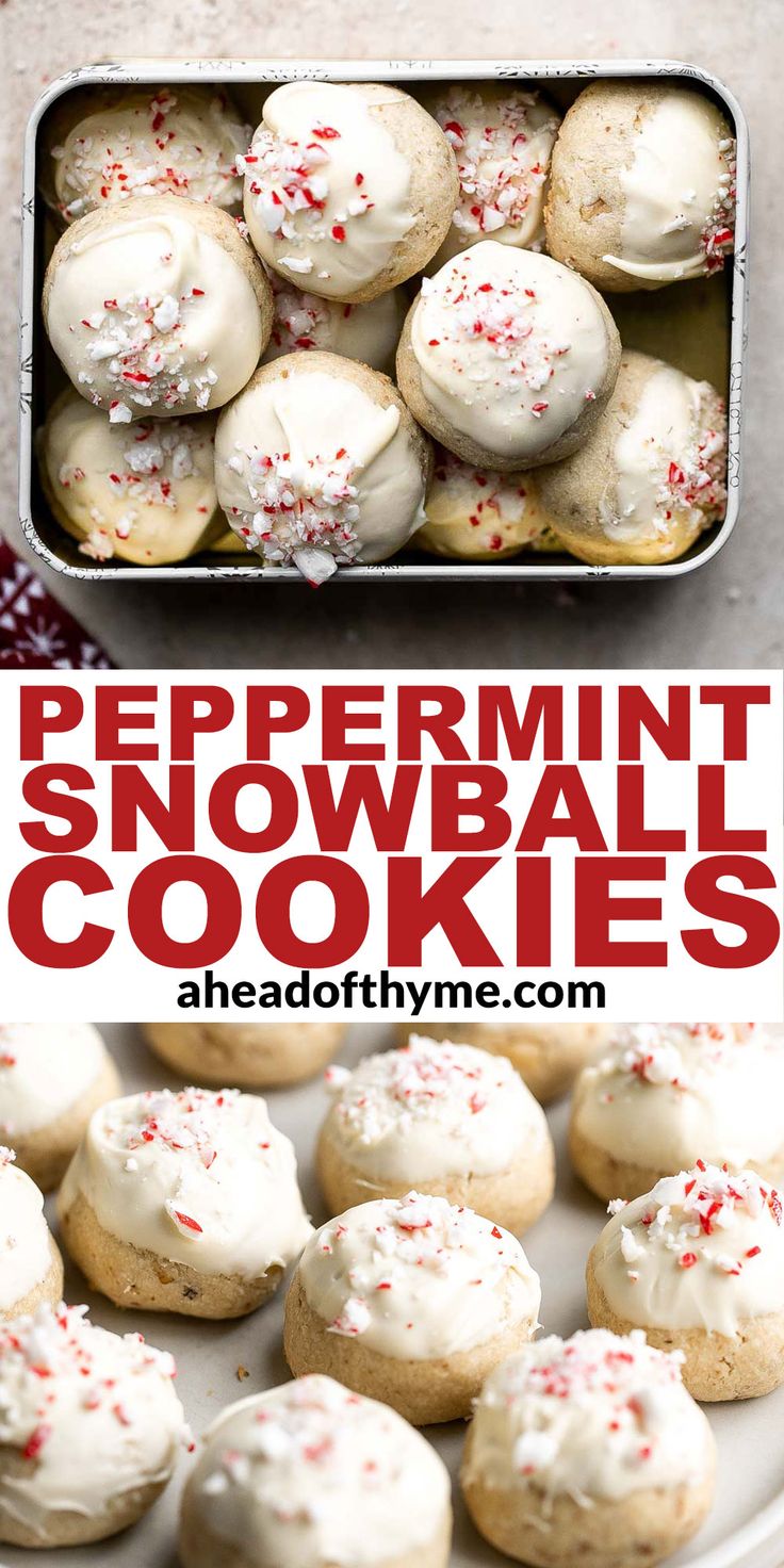 peppermint snowball cookies with white frosting and sprinkles on top