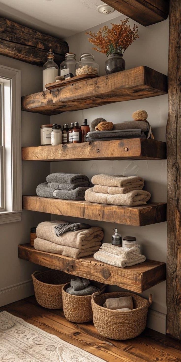 the shelves in this bathroom are made out of wooden planks and have baskets on them