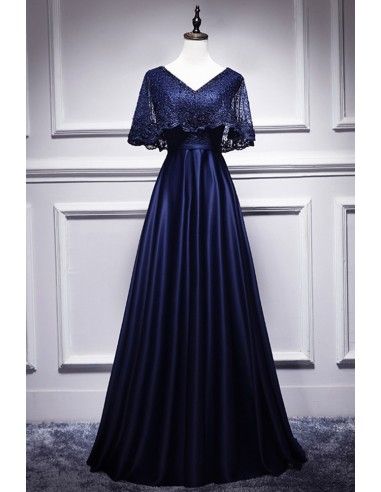 10% off now! formal navy blue prom dress with elegant beaded cape style online. Sheprom offers formal, party, casual & more style dresses to fit your special occasions. Navy Blue Lace Prom Dress, High Low Evening Dresses, Embroidered Beads, Off Shoulder Evening Dress, Dress Elegant Long, Prom Inspo, Elegant Prom, Gaun Fashion, Evening Dresses With Sleeves