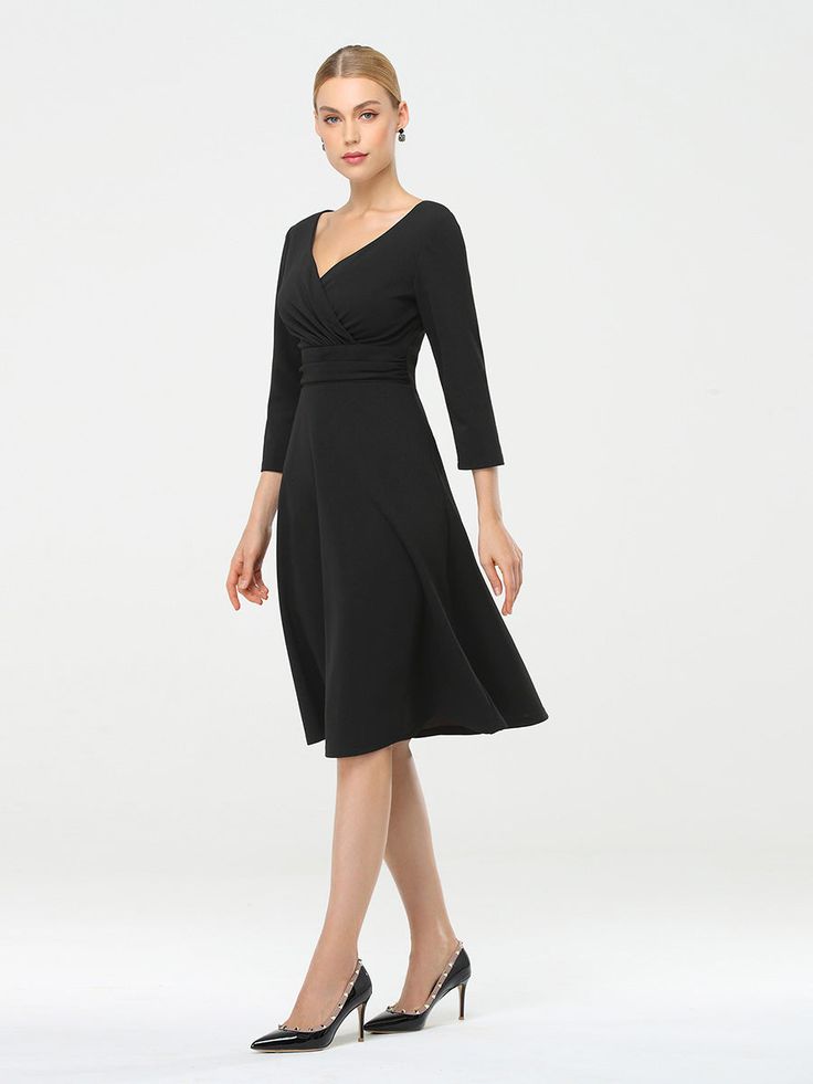 Fit: Please refer to Size Chart. Closure: It is Concealed a Zipper Up The Back. Undergarments: It is Not Padded, without Lining. Fabric: The garment comprises Polyester. Stretch: Fabric is Low Stretch. Classic Black V-neck Dress, Black Fitted V-neck Dress For Formal Occasions, Fitted Black A-line V-neck Dress, Black Fitted A-line V-neck Dress, Classic Spring Dress For Night Out, Black V-neck Dress For Spring Party, Formal Fitted Black V-neck Dress, Elegant Black V-neck Dress For Spring, Formal Black Fitted V-neck Dress