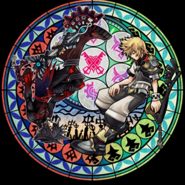 a stained glass window with anime characters on it