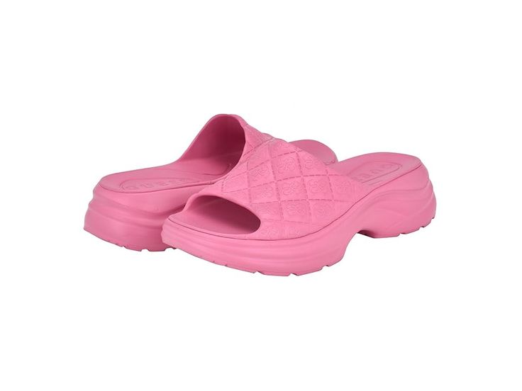 GUESS Fenixy - Women's Sandals : Pink Logo : EVA molded slip on sandal, the GUESS Fenixy slide takes you from pool to your social outing seamlessly. This sandal has a perfect embossed logo and comfort footbed Est. 1981, Guess is a global lifestyle brand and a symbol of a young, adventurous lifestyle. These lightweight flats with open round toe silhouette slip-on are crafted with man-made upper and synthetic rubber outsole. Imported. Measurements: Weight: 1 lb Platform Height: 1 6 13 in Product measurements were taken using size 7, width M. Please note that measurements may vary by size. Adventurous Lifestyle, Logo Shoes, Guess Shoes, Synthetic Rubber, Pink Logo, Embossed Logo, Lifestyle Brand, Women's Sandals, Lifestyle Brands