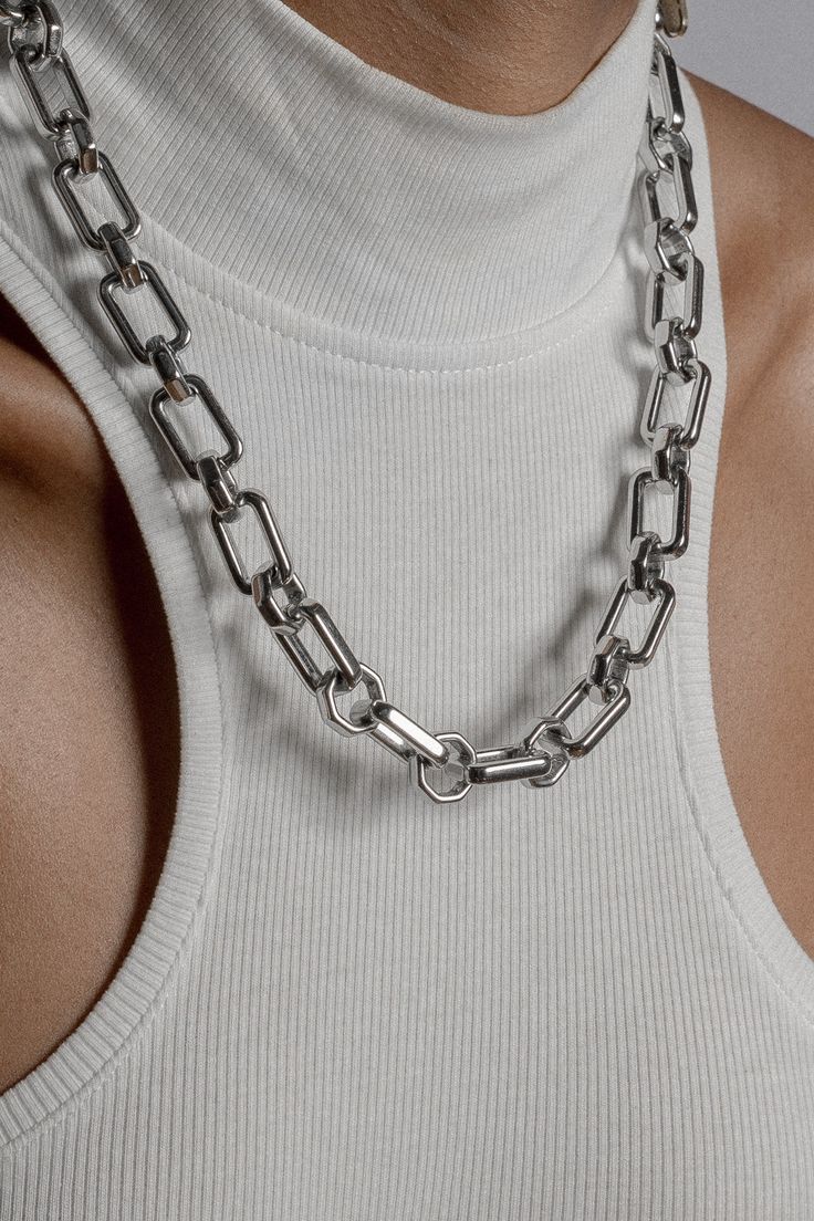 With a striking marriage of rectangular and circular links, Himalia has many sides to admire. This design looks stunningly different from every angle. Models are wearing size 20" chains. Material: Stainless Steel Modern Silver Chain Link Jewelry, Modern Silver Necklace With Rectangular Links, Silver Jewelry With Rectangular Link Chain, Modern Jewelry With Chunky Chain And Rectangular Links, Modern Silver Link Chain Jewelry, Silver Jewelry With Adjustable Chain And Rectangular Links, Everyday Box Chain Necklace With Rectangular Pendant, Modern Rectangular Box Chain Necklace, Everyday Rectangular Pendant Box Chain Necklace