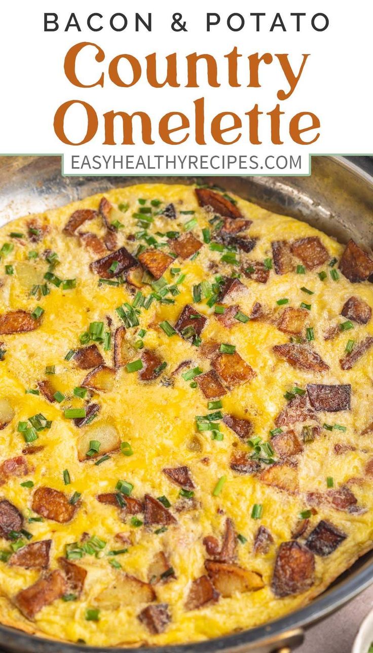 bacon and potato omelette in a skillet with the title text overlay