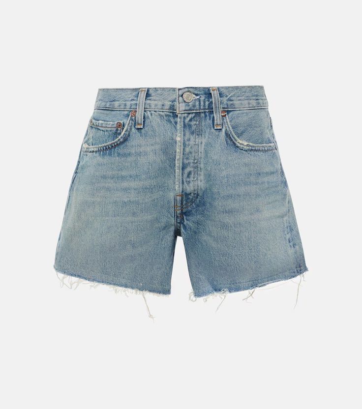 Parker denim shorts in blue - Agolde | Mytheresa Light Wash Cotton Jean Shorts With Belt Loops, Classic Cutoff Jeans With Pockets, Classic Washed Summer Bottoms, Classic Summer Shorts With Button Closure, Classic Cutoff Cotton Jeans, Classic Light Wash Jean Shorts For Spring, Classic Cutoff Bottoms With Five Pockets, Classic Mid-rise Medium Wash Jean Shorts, Classic Medium Wash Jean Shorts For Spring