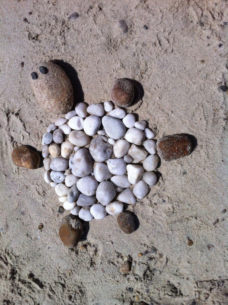 a turtle made out of rocks and stones on the sand with pebbles in it's shell