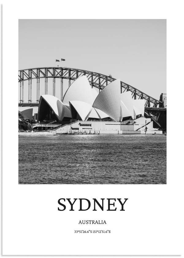 sydney, australia with the opera house and bridge in black and white poster art print