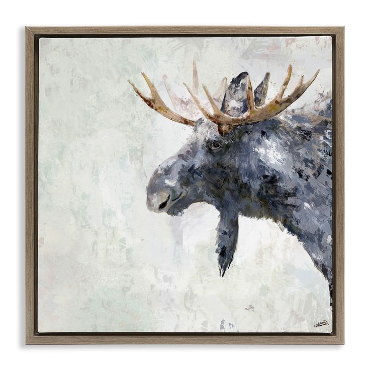 a painting of a moose with antlers on it's head and two birds perched on its back