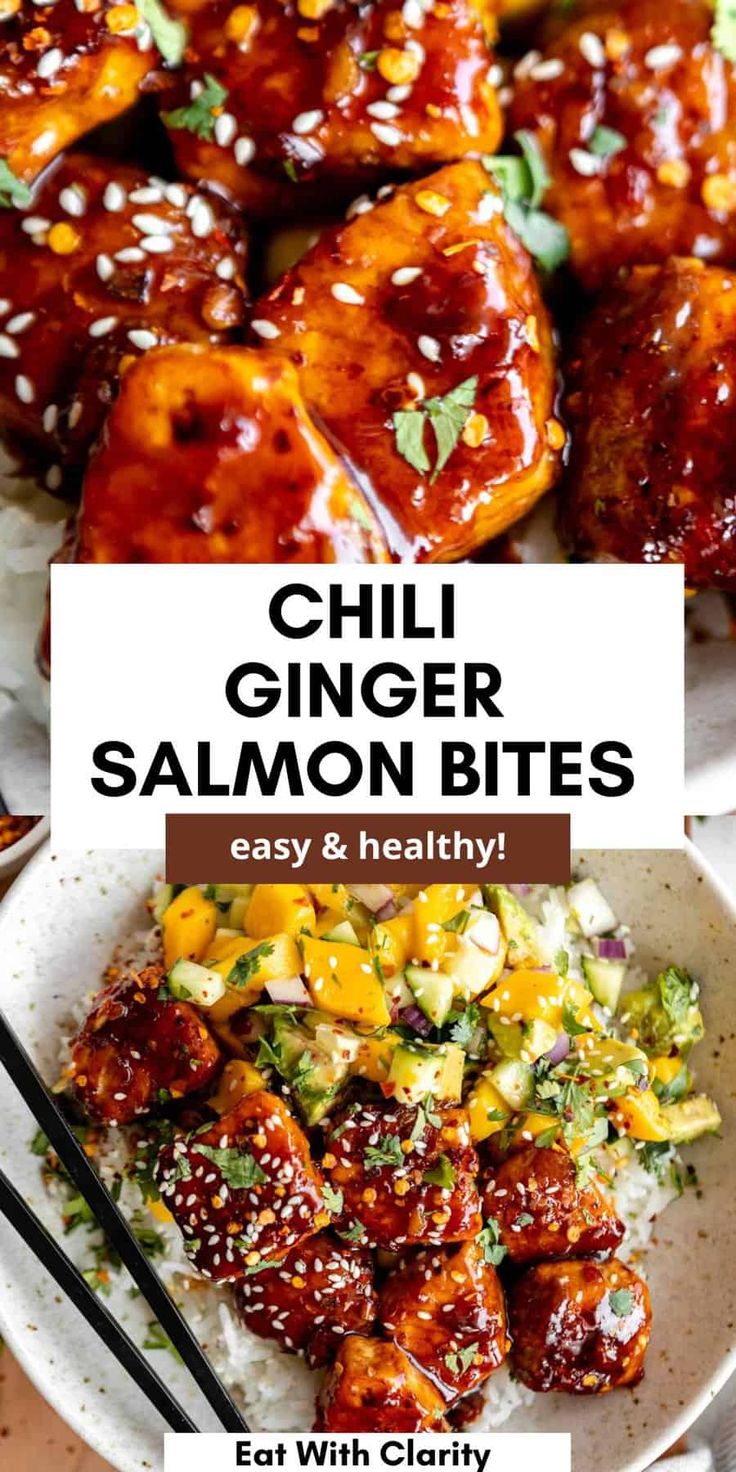 grilled chicken and vegetables with text overlay that reads chili ginger salmon bites