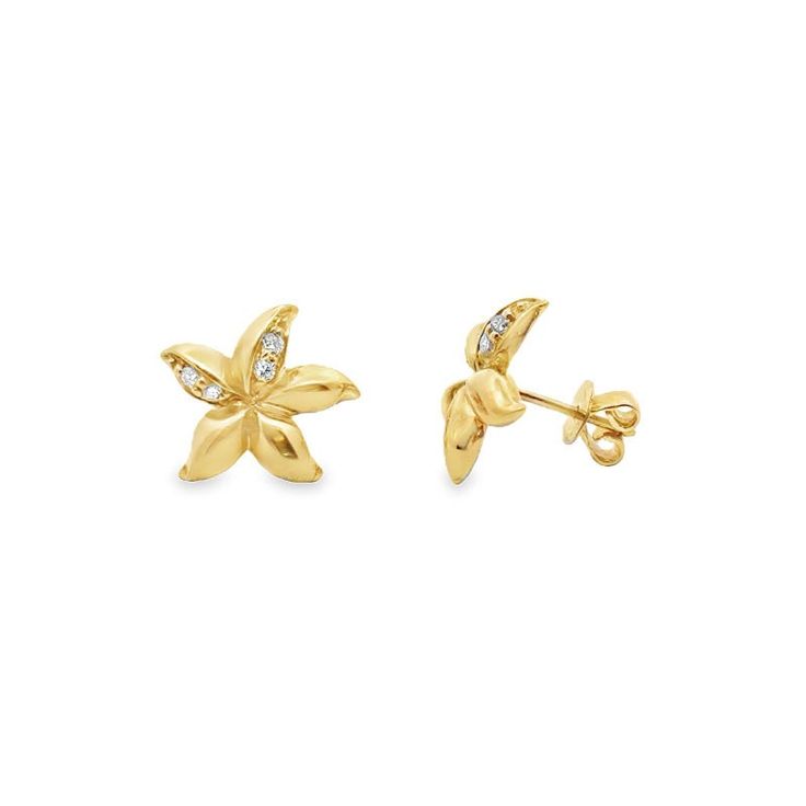 Diamond Flower Stud Earrings feature a delicate floral design, crafted in 14K yellow gold. The earrings showcase 8 shimmering round diamonds set at the heart of the petals, adding brilliance to the elegant flower motif. The diamonds weigh approximately .16 CTW and are graded G-H color and VS clarity. These timeless studs offer a refined blend of luxury and nature-inspired beauty, measuring 15 x 15mm. Weight: 4.35 grams. Gold Flower Earrings With Brilliant Cut, Yellow Gold Flower Earrings With Prong Setting, Yellow Gold Flower Diamond Earrings With Brilliant Cut, Gold Flower-shaped Diamond Earrings For Anniversary, Flower Shaped Diamond Earrings In Yellow Gold, Yellow Gold Flower Earrings With Brilliant Cut, Gold Flower Diamond Earrings With Prong Setting, Diamond Flower Yellow Gold Earrings, Gold Diamond Flower Earrings For Anniversary