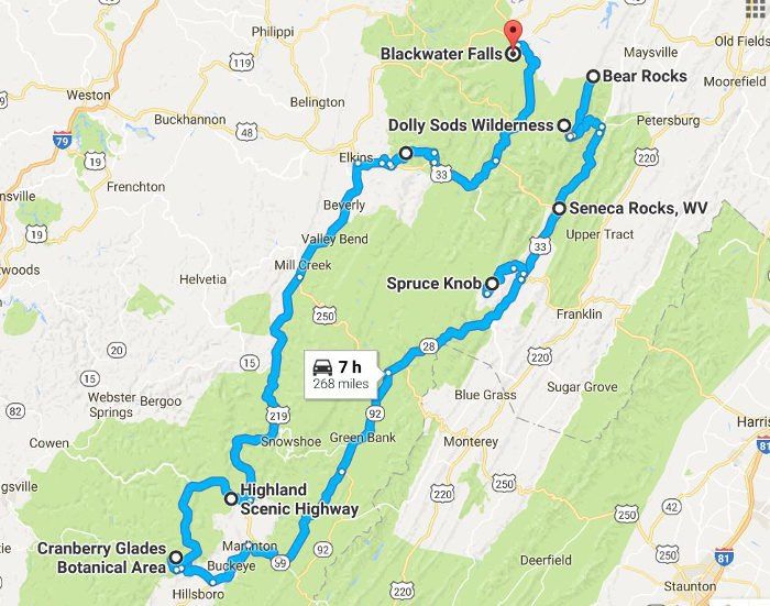 a map showing the route for the hike to blackwater falls and white rock lake