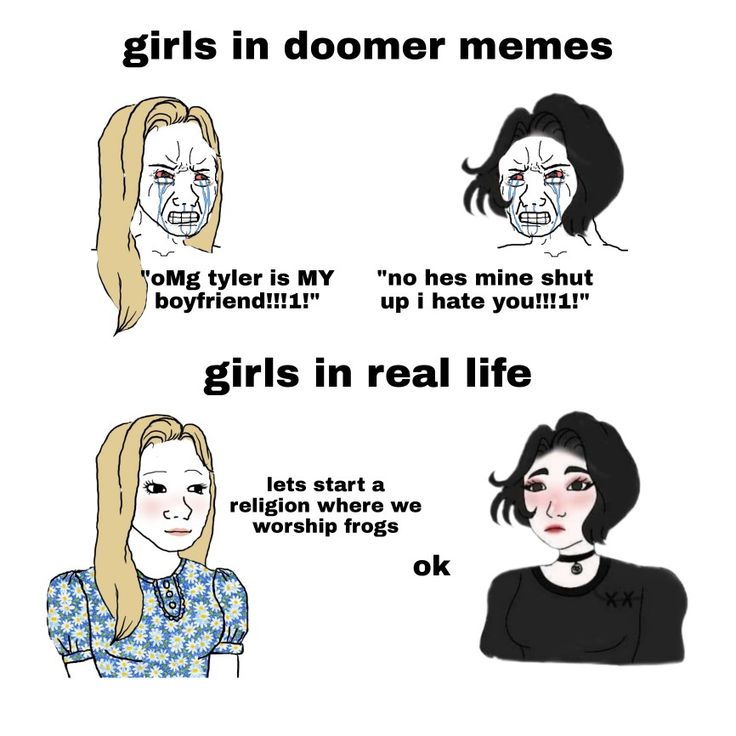 two girls with different facial expressions on their faces, one says girls in dommer memes