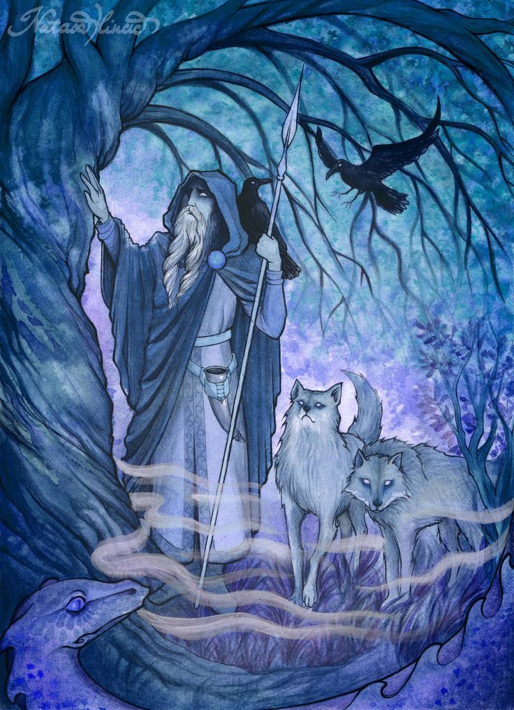 a painting of a wizard and two wolfs