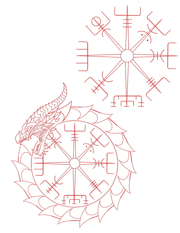 a drawing of a dragon sitting on top of a wheel with symbols in the background