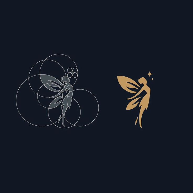 a gold and silver fairy sitting on top of a black wall next to an image of a