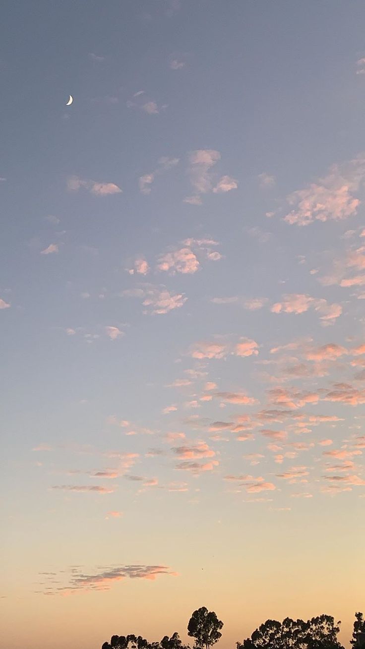 the sky is filled with pink clouds as the sun sets over some trees and grass