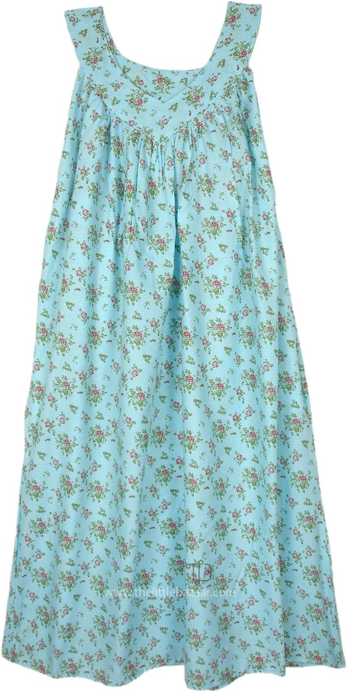 A pink and green floral print on a blue cotton, light weight summer night dress.  A dress to wear around the house or on the beach or for a good night`s sleep in cool comfortable pre cotton. #tlb #Sleeveless #XLPlus #Pocket #Floral #Printed #FloralDress #EasyCottonDress #CottonDressforSummer #CottonNightDress #CottonWomenNightWear Blue Cotton Spring Sleepwear, Blue Cotton Sleepwear For Spring, Casual Blue Floral Print Sleepwear, Spring Cotton Bedtime Dress, Casual Cotton Nightgown With Floral Print, Blue Summer Sleep Dress, Casual Cotton Nightgown For Summer, Blue Cotton Nightgown For Spring, Green Cotton Nightgown For Sleep