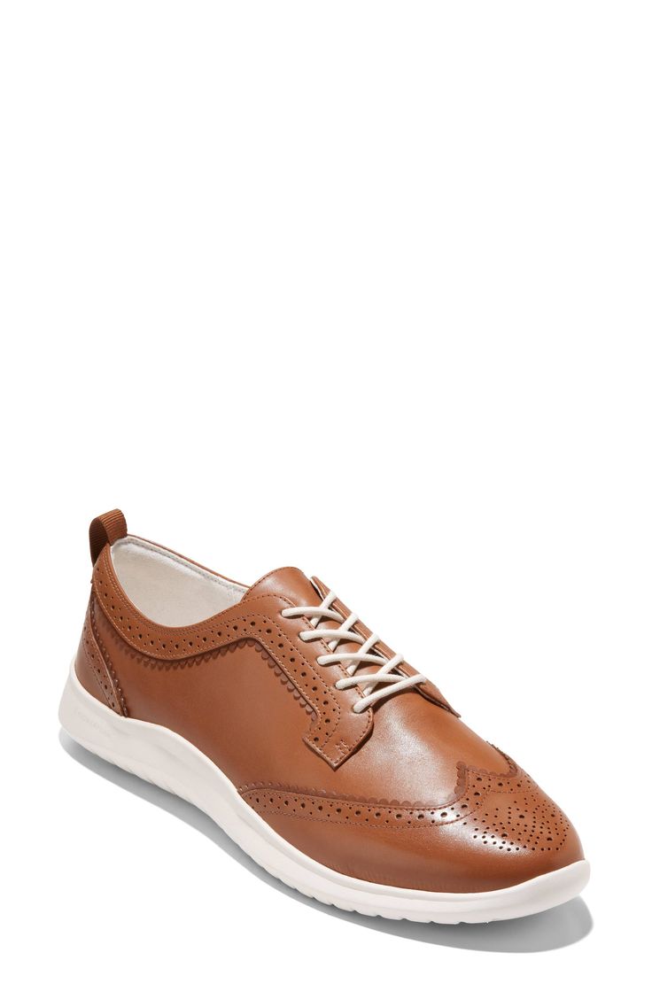 Streamlined broguing traces the contours of a leather wingtip derby updated with a grooved-rubber platform sole and lugged, flexible tread. Leather upper/synthetic lining/rubber sole Imported Oxford Flats, Cole Haan Zerogrand, Cole Haan, Flat Shoes Women, Nordstrom Rack, Derby, Rubber Sole, Leather Upper, Oxford