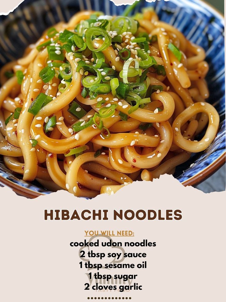 a poster with an image of noodles and sesame seeds on it in a blue bowl