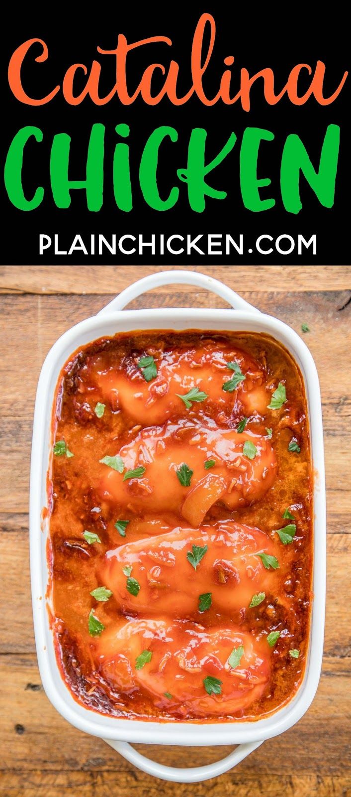 chicken enchilada in a white casserole dish with text overlay