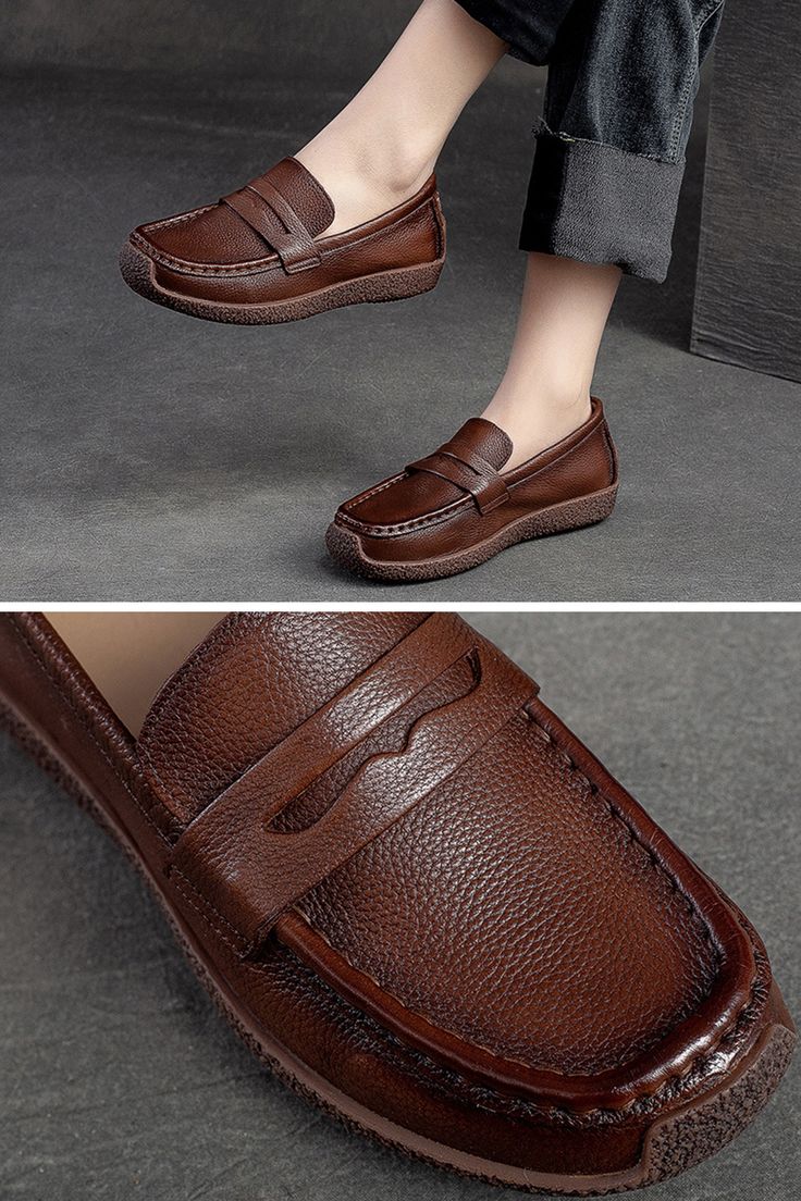 Brown Loafers With Rubber Sole For Semi-formal Occasions, Elegant Brown Slip-on Loafers, Brown Leather Slip-on Loafers, Brown Faux Leather Slip-on Loafers, Brown Loafers With Rubber Sole, Medium Width, Casual Loafers, Pig Skin, Casual Flats, Leather Flats