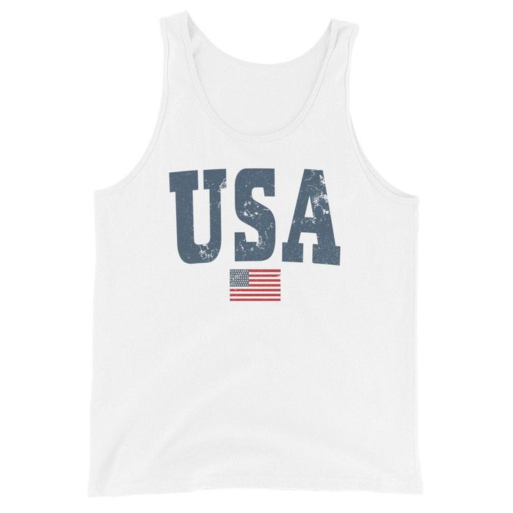 Gear up for summer holidays with our vintage style USA unisex tank -- great for men or women! Graphic is distressed for that instant vintage vibe. Youth sizes here: https://www.etsy.com/listing/1024874437/kids-usa-shirt-retro-usa-t-shirt-youth?ref=shop_home_active_2&pro=1&frs=1 Looking for more 4th of July gear? Check these out: https://www.etsy.com/shop/TheGraphicPeach?ref=seller-platform-mcnav§ion_id=33390667 Our shop uses direct-to-garment printing to make our products. The design ink Vintage Tank T-shirt For Summer, Casual 4th Of July Tank Top With Letter Print, Casual American Flag Print Tank Top, Distressed Cotton Crew Neck Tank Top, Crew Neck Cotton Tank Top With Distressed Detail, Distressed Cotton Tank Top With Crew Neck, Casual 4th Of July Graphic Print Tank Top, Casual 4th Of July Graphic Tank Top, Casual Graphic Print Tank Top For 4th Of July