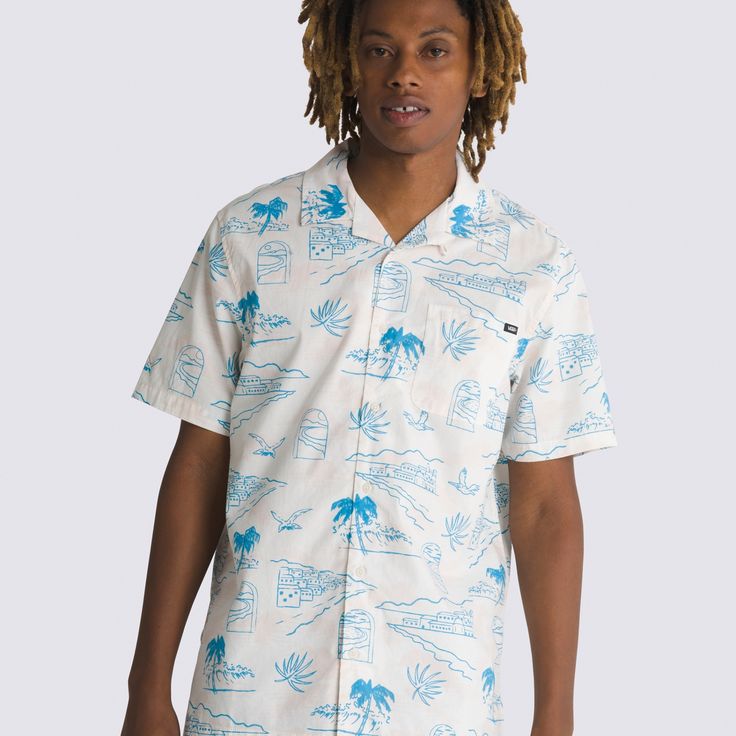 The Davista Buttondown Shirt is a short sleeve woven poplin shirt featuring an allover pigment print, washed back look for a worn-in vibe, full button front, and left chest pocket with clip label. 100% Cotton fabricPoplin short sleeve woven Pigment printWashed back lookClassic fitModel wearing size Medium | Vans Davista Buttondown Shirt Men's Medium Vans Store, Vans Logo, Button Down Shirt Mens, Poplin Shirt, Pant Shirt, Club Outfits, Shirt Jacket, Mens Pants, Shirts Tops