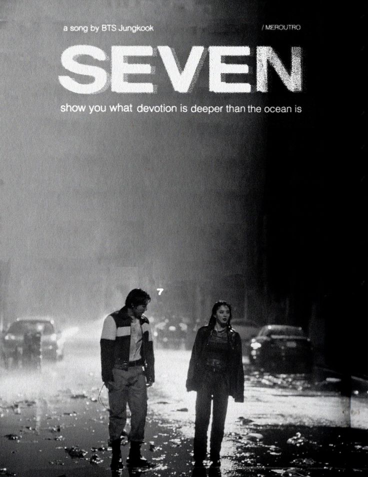 two people walking in the rain with an advertisement for seven on it's back