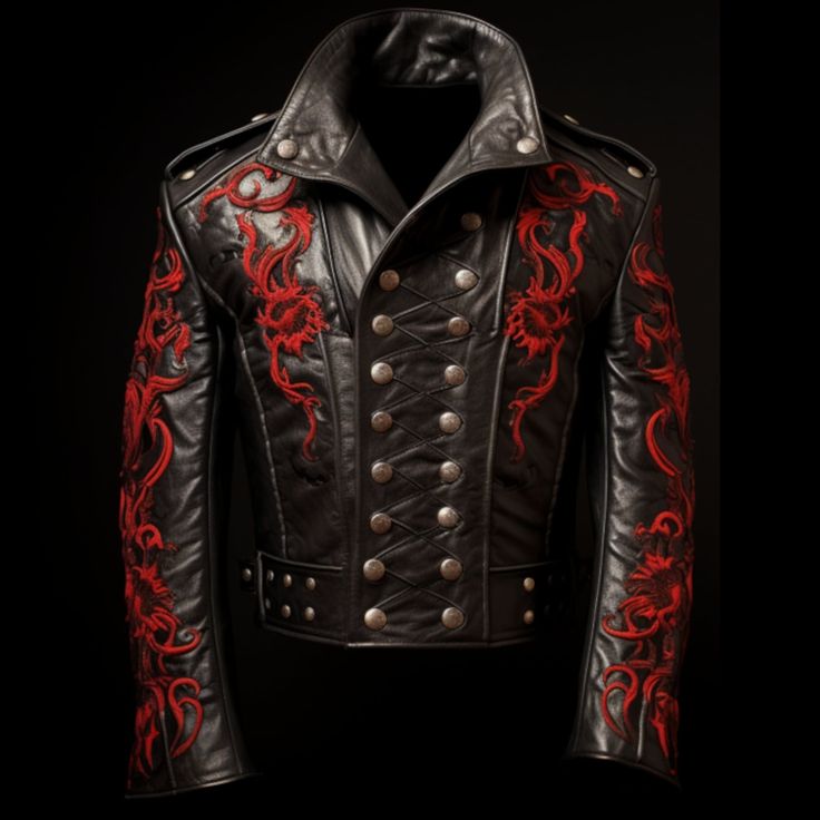 It's time to be as dark as you want with Gothic Dragon Leather Jacket, our spectacular and daring piece of clothing. This black leather jacket has a great amount of red dragon embroidery, which would be impressive for both gothic and steampunk women fashion lovers. Unisex apparel, this fierce jacket is for everyone that wants to be unique in their fashion. It has a little military look, though punk rock tendencies guarantee that everyone in the room takes notice of you. Whatever the occasion whe Punk Rock Costume, Mutant Oc, Unique Leather Jacket, Rock Costume, Steampunk Mode, Trendy Leather Jacket, Hell Hound, Mens Leather Shirt, Steampunk Jacket