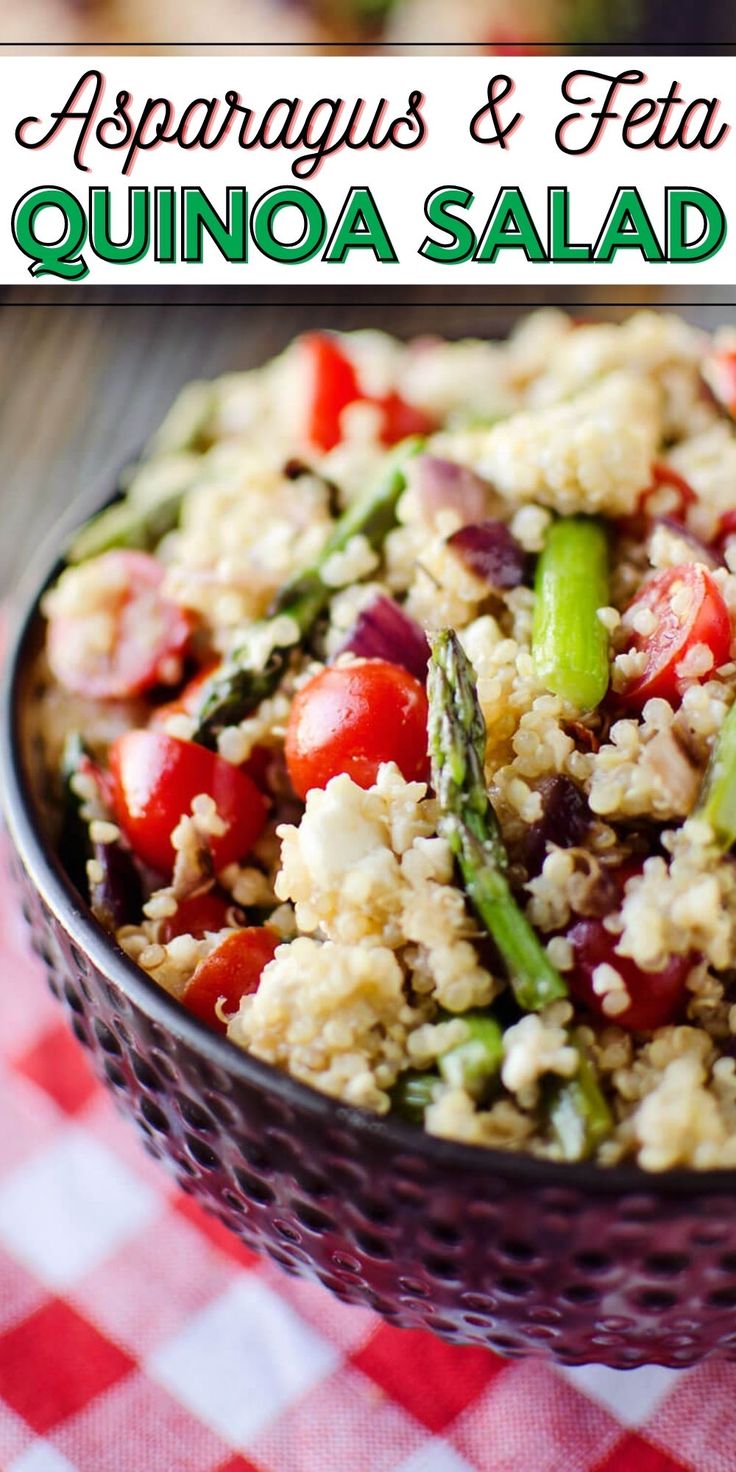 asparagus and feta quinoa salad in a bowl on a checkered tablecloth