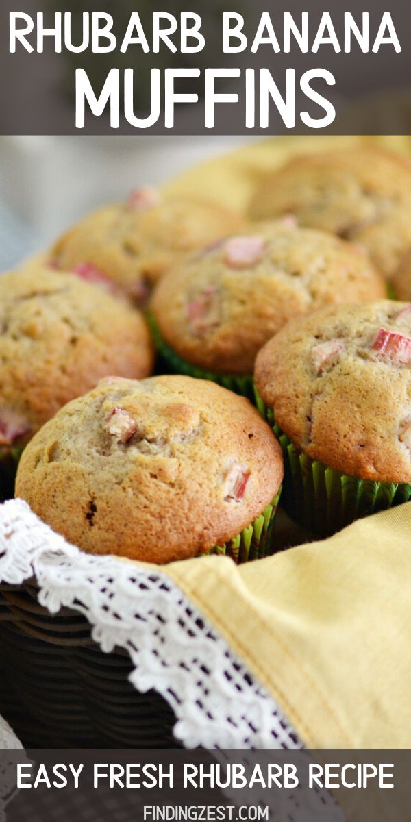 fresh rhubarb banana muffins in a basket with text overlay