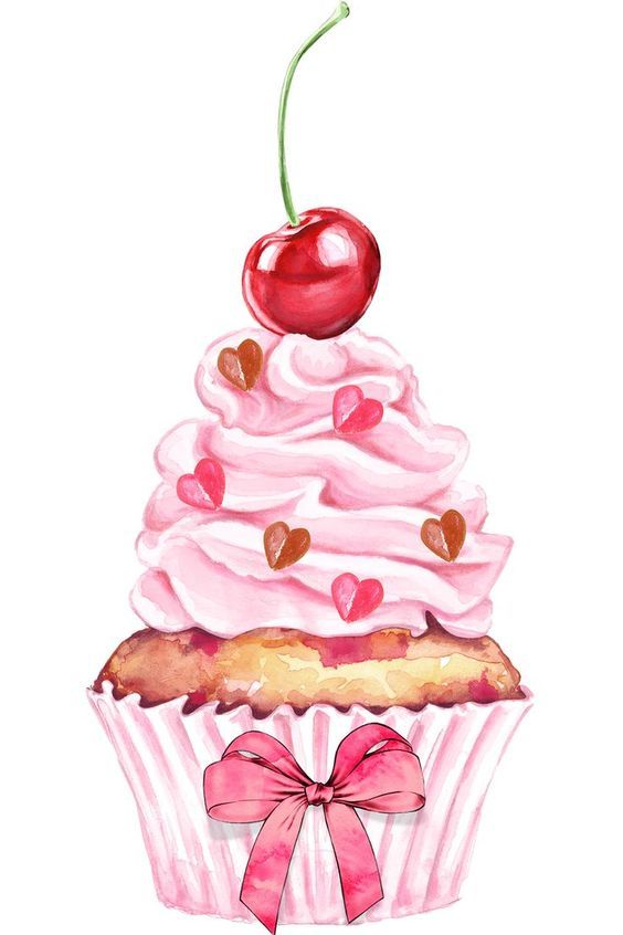 a watercolor painting of a cupcake with pink icing and a cherry on top