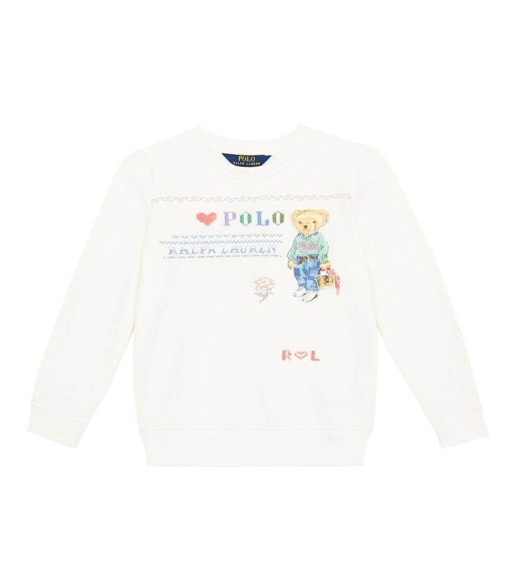 This sweatshirt from Polo Ralph Lauren Kids is made from comfortable fleece-backed jersey. It has a Polo Bear print, colorful embroidered accents, and ribbed cuffs. White Crew Neck Sweatshirt With Embroidered Logo, White Embroidered Logo Crew Neck Sweatshirt, Cotton Embroidered Sweater, Crew Sweatshirt With Embroidered Logo In French Terry, Sporty Cotton Sweater With Embroidery, Sporty Embroidered Cotton Sweater, Sporty White Sweater With Ribbed Collar, White Crew Neck Sweater With Ribbed Collar, White Crew Sweatshirt With Ribbed Collar