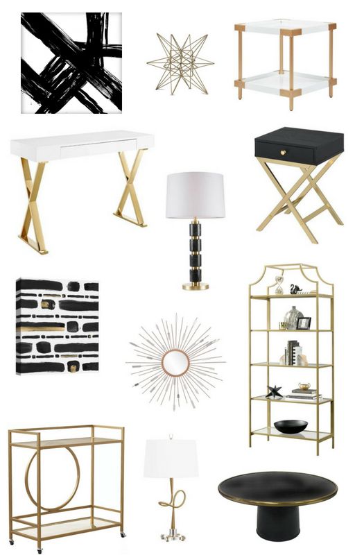 an assortment of modern furniture and accessories in black, white, gold and grey colors