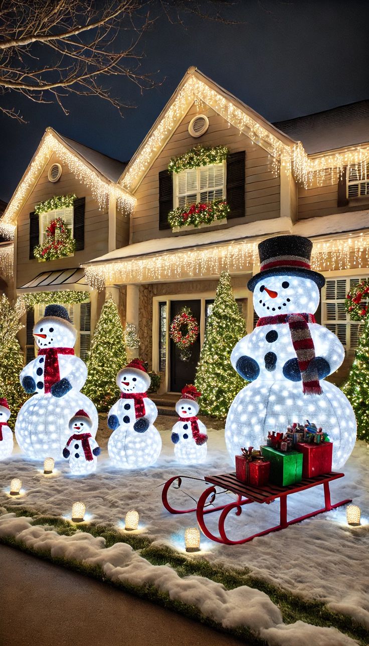 lighted snowmen and sleighs in front of a house