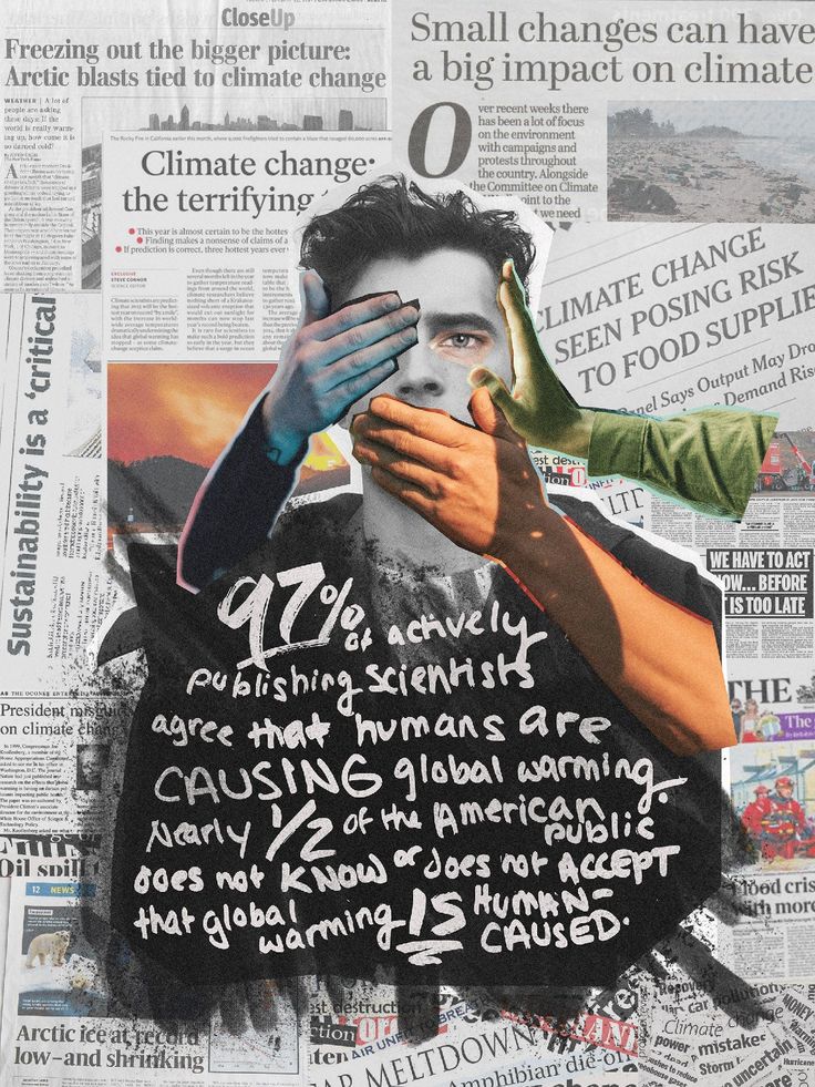 a collage of newspaper paper with an image of a man covering his face and hands