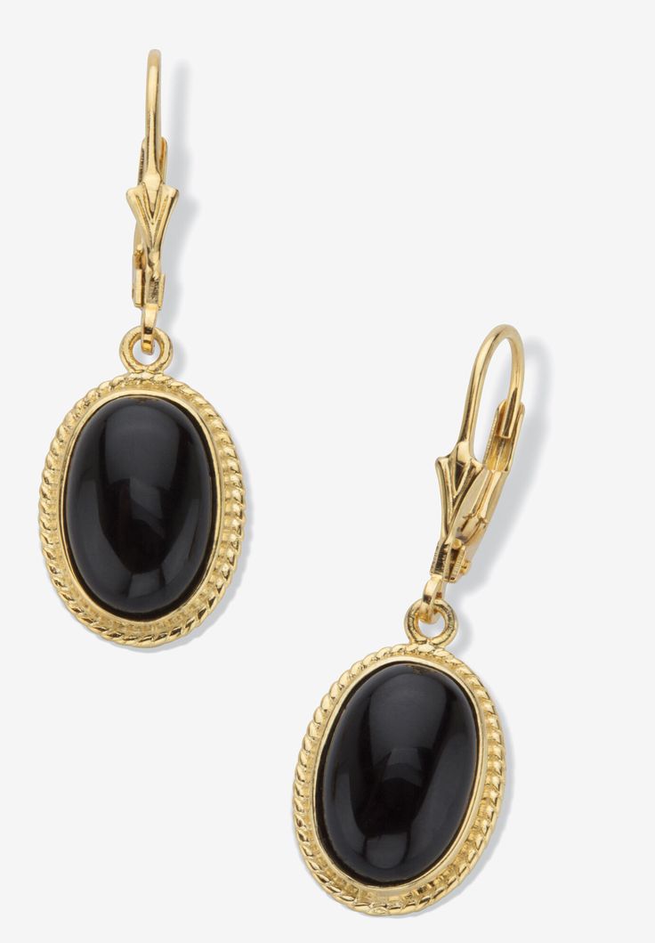 Let the timeless look of genuine black onyx cabochon drop earrings add that little bit of sassy elegance to your everyday wardrobe. The smooth bezel-set stones are set with lever backs to keep them secure. Fashionable and fun to wear in 14k gold-plated sterling silver.FABRIC: 14k Gold-Plated Sterling SilverMain Stone: 2 Oval Cabachon Cut Genuine Black Onyx, 12 mm x 8 mmDimensions: 11 mm wide x 34 mm long x 5 mm highIncludes gift box and drawstring pouch | Women's Oval-Cut Genuine Black Onyx 14K Gold-Plated Sterling Silver Drop Earrings by PalmBeach Jewelry in Black Kimono Shrug, Silver Fabric, Sterling Silver Drop Earrings, Onyx Earrings, Earrings Black, Drawstring Pouch, Silver Drop Earrings, Bags And Purses, Everyday Wardrobe