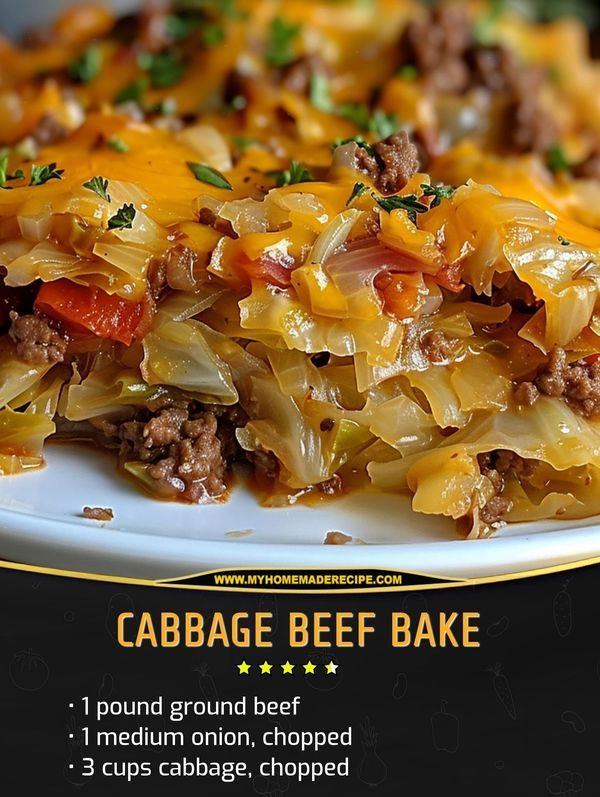 a close up of a plate of food with text overlaying it that reads cabbage beef bake