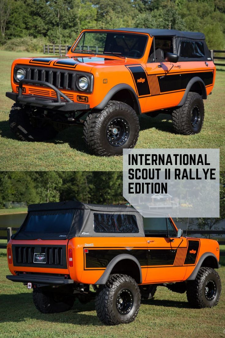 an orange jeep parked on top of a grass covered field next to another vehicle with the words restored scout ii on 35's