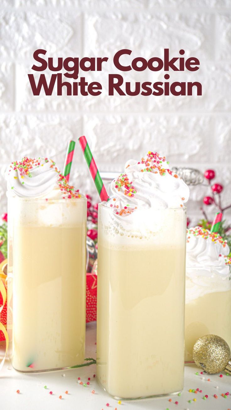 two glasses filled with white russian sugar and sprinkles next to each other