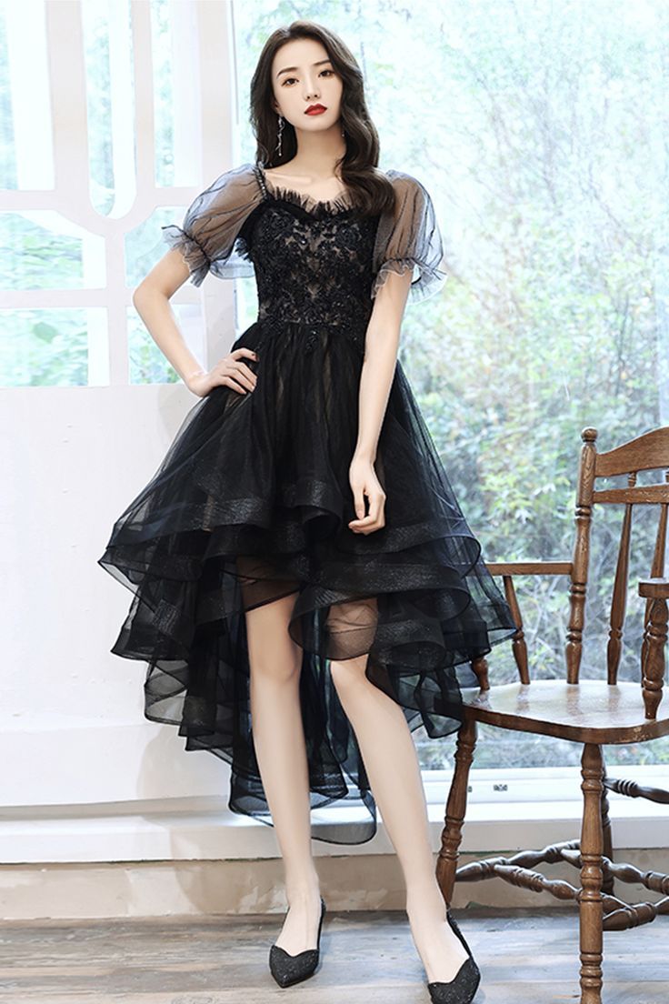 Black lace high low prom dress homecoming dress Prom Dress High Low, Black Prom Gown, Prom Dresses High Low, Ceo Girl, Ootd Non Hijab, High Low Party Dresses, Oc Outfit Ideas, High Low Prom Dress, Beautiful Party Dresses